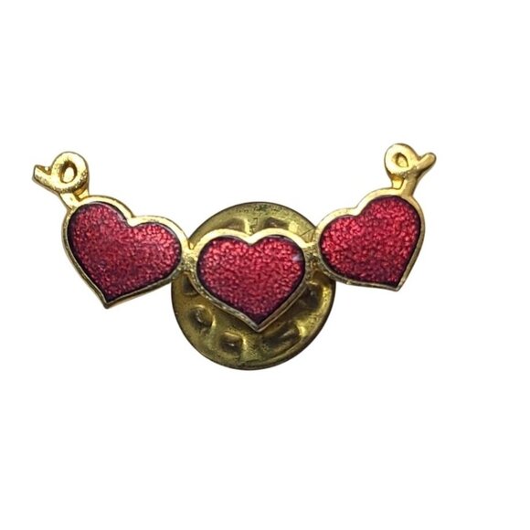 Vintage Red Enamel Heart String Lapel Pin Gold Tone Three Hearts - Picture 1 of 5